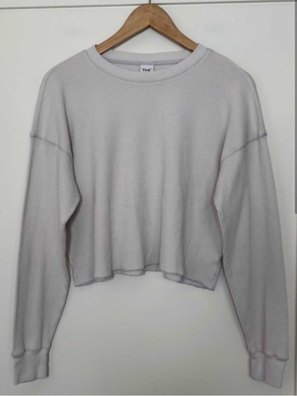 TNA Cropped Waffle Knit Long-Sleeve Top in Light Gray